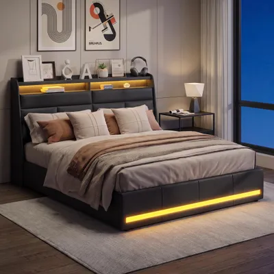 Produktbild von INONEFT Polsterbett 140x200cm mit LED-Beleuchtung und Stauraum, Jugendbett Doppelbett mit Lattenrost und Bettkasten, Hydraulisches Bett, PU, Schwarz