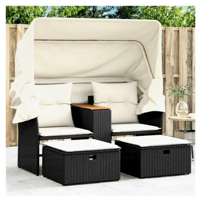 Produktbild von Ausziehbares Gartensofa mit Dach - Rattan 2-Sitzer Lounge mit Hocker - Balkonmöbel Set aus Polyrattan mit Sonnendach