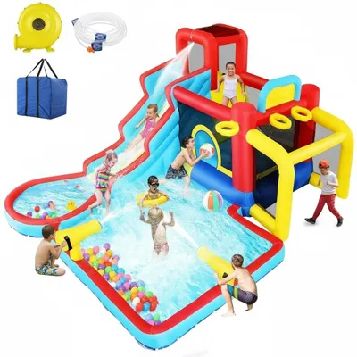 Image de Parc aquatique gonflable avec soufflerie Enfants 3-12 ans, 2 toboggans, mur d'escalade, piscine à balles, zone de saut Intérieur/extérieur Jardin Château gonflable, 445 × 350 × 208 cm