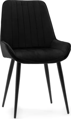 A black upholstered dining chair with a modern design, shown from the front.