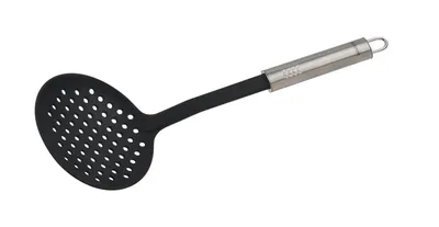 Produktbild von Fackelmann Abseihlöffel 33 cm OVALGRIFF, Abtropflöffel für beschichtete Pfannen und Töpfe, Küchenhelfer aus hochwertigem Edelstahl und Kunststoff (Farbe: Silber/Schwarz)