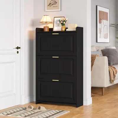Produktbild von Merax Schuhschrank Schuhregal mit 6 Fächer und Klapptüren, Schuhhochschrank aus MDF und Spanplatte, großem Stauraum für Flur, Wohnzimmer,Schwarz