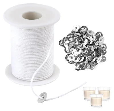 Produktbild von 61 m Kerzendochte, rauchfreie Dochte für Kerzen, Set mit 100 Stück Dochthalter für die DIY Kerzenherstellung