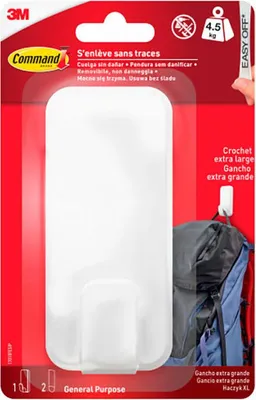 Produktbild von Command™ Utility Hook 17010FESIP, Weiß, X-Large für Schwergewichte < 4,5 kg, 1 Haken + 2 Streifen | Packung (1 Stück)