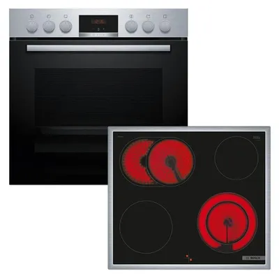 A studio shot of a Bosch oven and a separate electric hob.