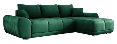 A green sectional sofa with a chaise lounge, shown from a side-angle on a white background.