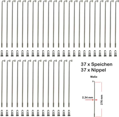 Produktbild von 37 Stück Speichen 276mm verstärkt NIROSTA 2,34mm Messing Speichennippel