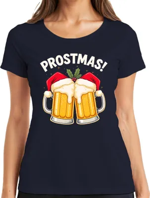 Produktbild von Prostmas Bierkrug Weihnachtsmann Bier Weihnachten lustig Geschenk Damen T-Shirt, Navy, L