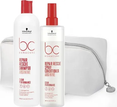 Two bottles of Schwarzkopf Professional BC Bonacure Repair Rescue shampoo and spray conditioner, along with a white cosmetic bag.