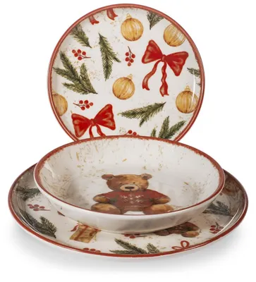 Image de Ensemble de table de Noël composé de 18 pièces - En grès, avec un motif "Câlins d'ours"