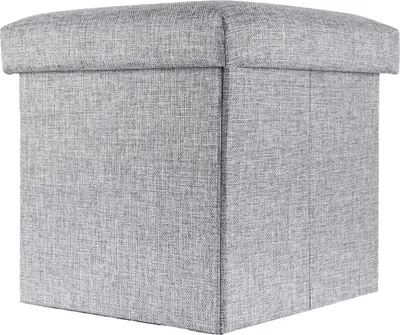 A gray fabric storage ottoman with a lid, shown from a three-quarter angle against a white background.