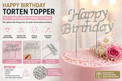 Happy Birthday Torten Topper in Silber mit funkelnden Strasssteinen. Elegante Tortendekoration, KI-generiertes Bild