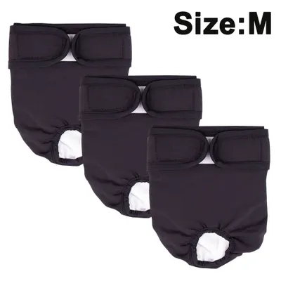 Three black pet diapers are displayed on a white background with the size indication 'Size: M' in the upper right corner.