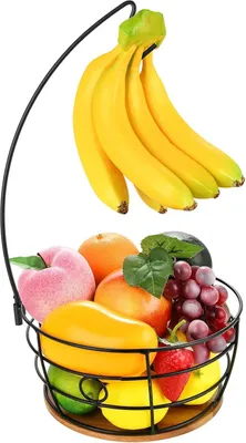 Produktbild von Bananenhänger mit Obstkorb - Hochwertiges Metall - Holzbasis - 1 Stück