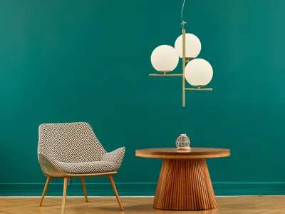 Produktbild von Pendelleuchte - Goldgelb - Weiß - Opalglas - Metall - H 150 cm - 3-flammig