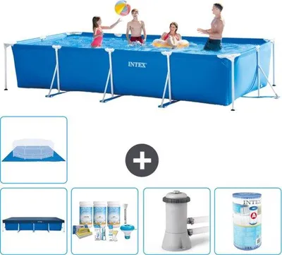 Produktbild von Rechteckiges Schwimmbad - 450 x 220 x 84 cm - Blauw - inklusive Abdeckvorhang - Pflegepaket - Schwimmbadfilterpumpe - Filter - Bodenvorhang