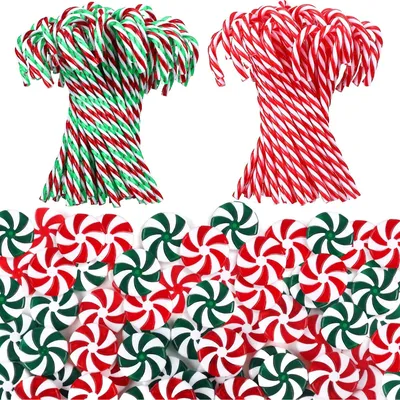 Produktbild von 120 Stück Weihnachts-Zuckerstangen aus Kunststoff, Süßigkeiten-Dekorationen, Pfefferminz-Ornamente für den Weihnachtsbaum, Süßigkeiten-Lollis, Basteldekor für Weihnachtsparty-Zubehör zu Hause (rot, grün, weiß)