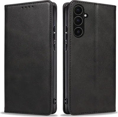A black leather flip phone case for a Samsung Galaxy A56 5G is shown from two angles.