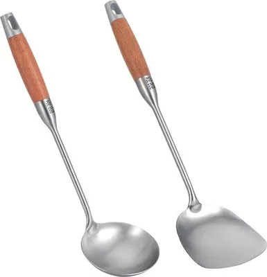 Produktbild von Edelstahl Küchenwerkzeug Set, Wok Schaufel, Suppenlöffel, hitzebeständiger Holzgriff