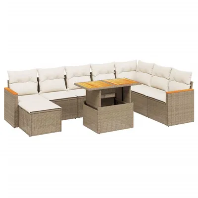Produktbild von vidaXL 9-tlg. Garten-Sofagarnitur mit Kissen Beige Poly Rattan