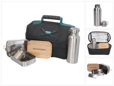 Image de Toolbrothers Kit déjeuner avec sac isotherme Makita + Toolbrothers Fan boîte à pain en acier inoxydable à 2 étages avec couverture en bambou 1340 ml + gourde en acier inoxydable 500 ml