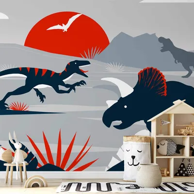 Produktbild von Selbstklebende Folie Fototapete - Last dinosaurs with red - abstract landscape for a room 147x105 cm Für Kinder e-A-10014-a-a