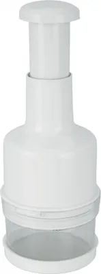 A white manual food chopper is shown against a white background.