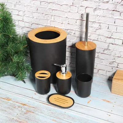 Produktbild von Badezimmer Zubehör Set 6-teilig Bambus Schwarz mit Lotionspender Mülleimer Zahnbürstenhalter Zahnputzbecher Toilettenbürste Seifenschale