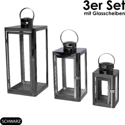 Produktbild von 3er Set Edelstahl Laterne Gartenlaterne Windlicht Kerzenhalter Glasscheibe Deko schwarz