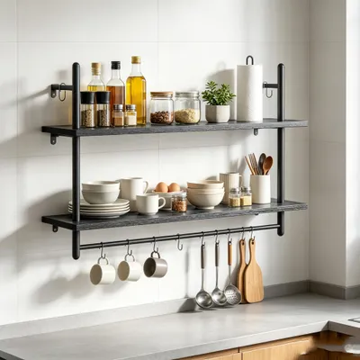 Produktbild von 2-stufiges Schwebendes Rohrregal,Industrieregal Wandregal mit 6 Hakens,Holzregal Leiterregal Bücherregal für Wohnzimmer Küche und Bad 80x24x64cm
