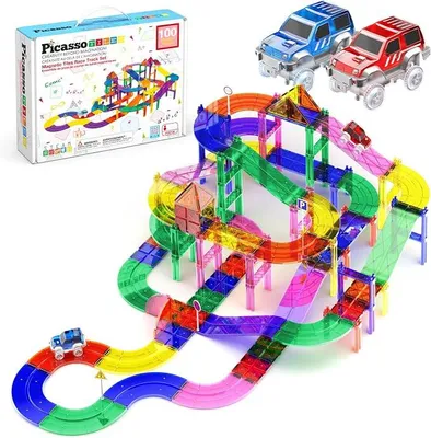 Imagen del producto de Juego de construcción magnética de 100 piezas, circuito de carreras, con 2 coches que se iluminan. Juguete educativo STEM para niños a partir de 3 años. Juguete de construcción magnética para niñas y niños