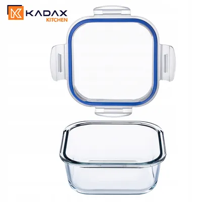 A glass food storage container with its lid, shown separately against a white background.