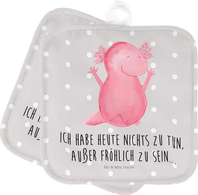 Produktbild von Mr. & Mrs. Panda Topflappen Axolotl Hurra - Grau Pastell - Geschenk, topfhalter, Topfuntersetzer, Set, Kochlappen, Motivation, Freude, Topflappenset, Lurch, Spaß