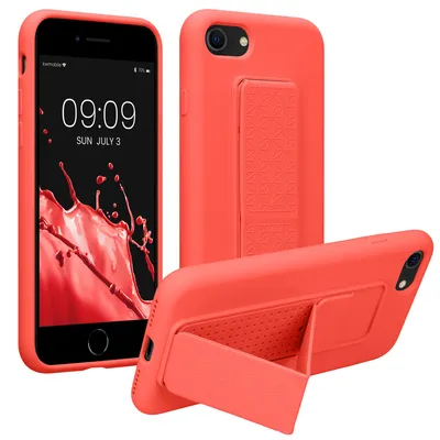 Produktbild von kwmobile Handyhülle für Apple iPhone SE (2022) / SE (2020) / 8 / 7 Hülle - TPU Silikon Case mit Fingerhalter und Stand - Schutzhülle Cover in Koralle