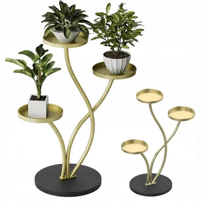 Produktbild von Pflanzenständer aus Metall - 77,5 cm - Elegante Steinbasis - Für 3 Töpfe - Gold