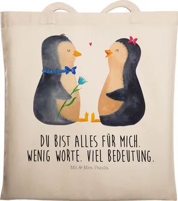 Produktbild von Mr. & Mrs. Panda Stoffbeutel Pinguin Pärchen - Transparent - Geschenk, Beutel, Tote Bag, Hochzeit, Hochzeitsgeschenk, Laptoptasche, Schultasche, Liebe, Tasche
