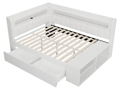 Produktbild von Flieks Schlafsofa 90x200cm mit USB, Tagesbett Jugendbett mit Led, Einzelbett Holzbett mit Schubladen und Schuhregal, Kinderbett Weiß