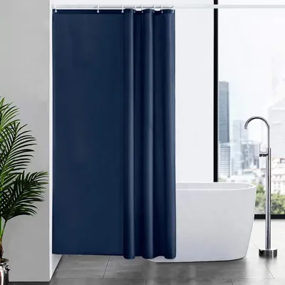 Image de Petit rideau de douche bleu marine, tissu polyester anti-moisissure, imperméable, lavable, pour baignoire ou salle de bain, avec 8 crochets, 120 x 200 cm.