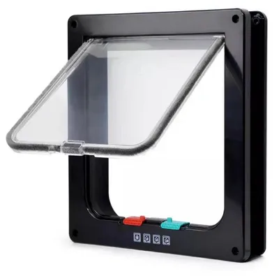 Obrázek produktu pro Kočičí dvířka s čtyřcestným zamykáním a magnetickým uzávěrem, černá barva, vyrobená z ABS plastu, vhodná pro malé psy a kočky do 5 kg