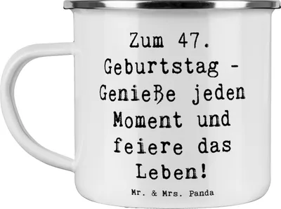 Produktbild von Mr. & Mrs. Panda Pott Spruch 47. Geburtstag - Weiß - Geschenk, Happy Birthday, becher emaille, unvergessliches Ereignis, Geburtstagsgeschenk, Freude, Teetasse, Tasse