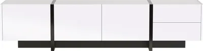 A white TV cabinet with black legs, presented on a white background.