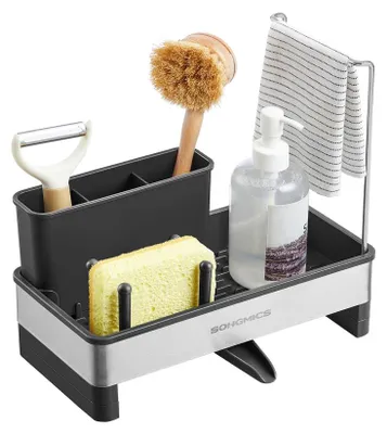 Obrázek produktu pro Organizér do dřezu s držáky na houbičky a kartáče | Barva: černá a stříbrná | Rozměry: 24,7 x 12,7 x 23 cm