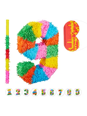 Produktbild von 3 tlg. Pinata Set Geburtstag, Zahl 9, Pinatastab mit Augenmaske, Kinder & Erwachsene, Piñata zum selbst Befüllen, bunt