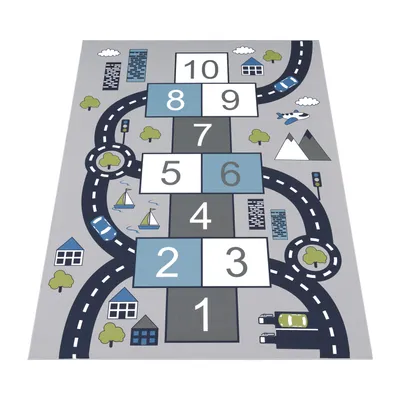 Produktbild von Kinder-Teppich Für Kinderzimmer, Spiel-Teppich Mit Hüpfkästchen und Straßen, Grau Grösse 100x200 cm