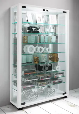 Produktbild von VCM Glasvitrine stehend | Vitrine Glas mit ESG-Sicherheitsglas | Maße ca. H. 91 x B. 59 x T. 18 cm | Standvitrine Glas | Modern und platzsparend | Glas Vitrinenschrank – Lumo Mini Spiegel