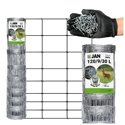 A roll of wire fencing and a section of the fence are displayed against a white background. A gloved hand holds a pile of metal fasteners.