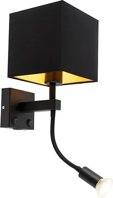 Produktbild von QAZQA - Moderne Wandleuchte schwarz mit USB und quadratischem Schwarzschirm - Zeno I Wohnzimmer I Schlafzimmer - Stahl Quadratisch I Würfel - LED geeignet E27