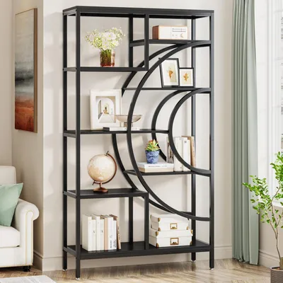 Immagine prodotto di Libreria a 8 ripiani, altezza 179 cm, design geometrico, stile industriale rustico, struttura in metallo, scaffale aperto, ideale per il soggiorno, colore nero
