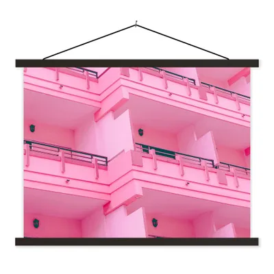 Produktbild von MuchoWow® Textilposter Balkon - Sommer - Rosa - Architektur 150x113 cm mit holzfarbenen Rahmen - Poster