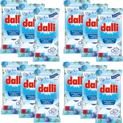 Produktbild von dalli® Trockner Tücher I für ca. 300 Trocknungsvorgänge | Jahresvorrat 12 x 25 Tücher (300 Tücher) I macht die Wäsche flauschig weich und bügelleichter